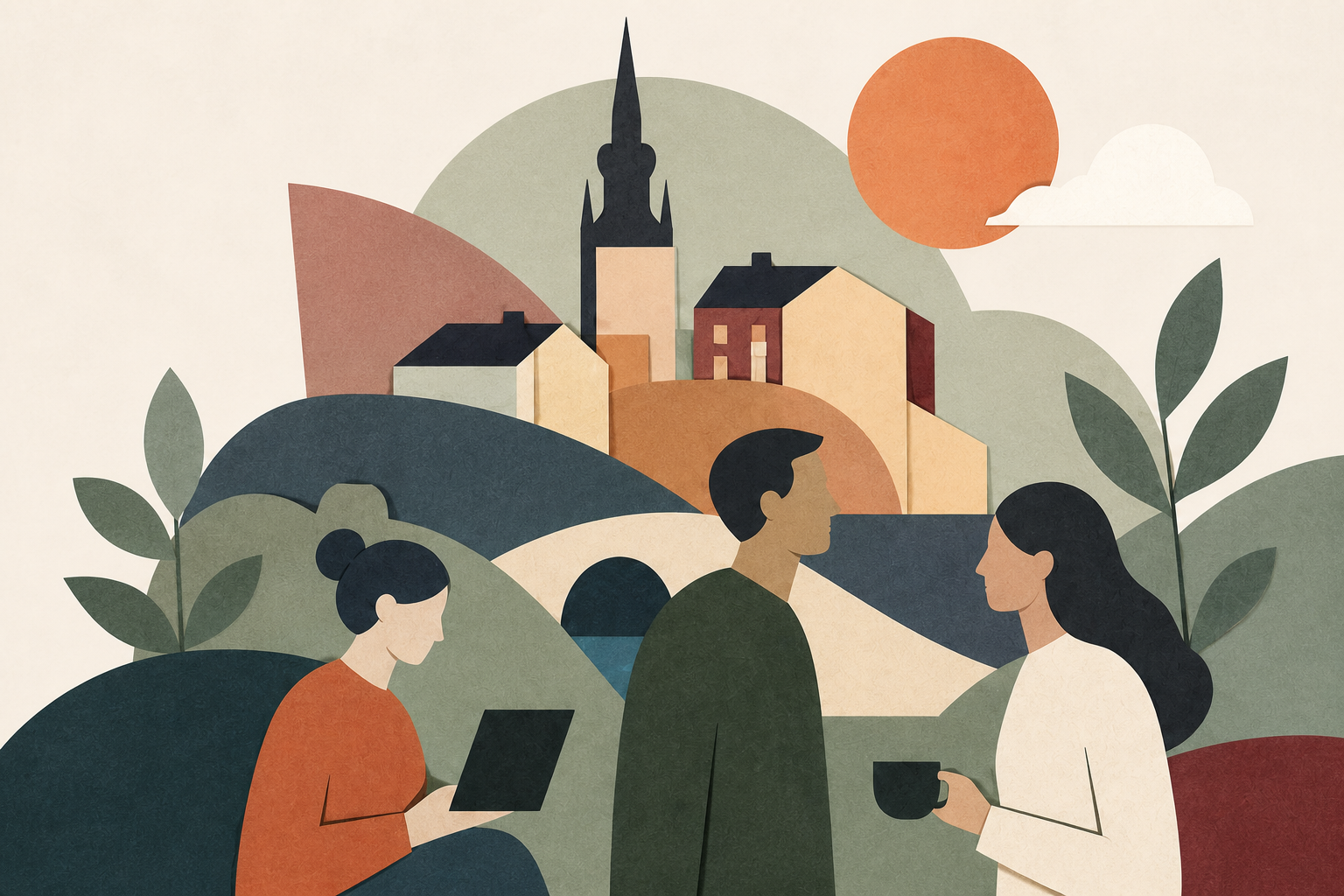 Three international professionals meeting in a stylised Swedish city landscape